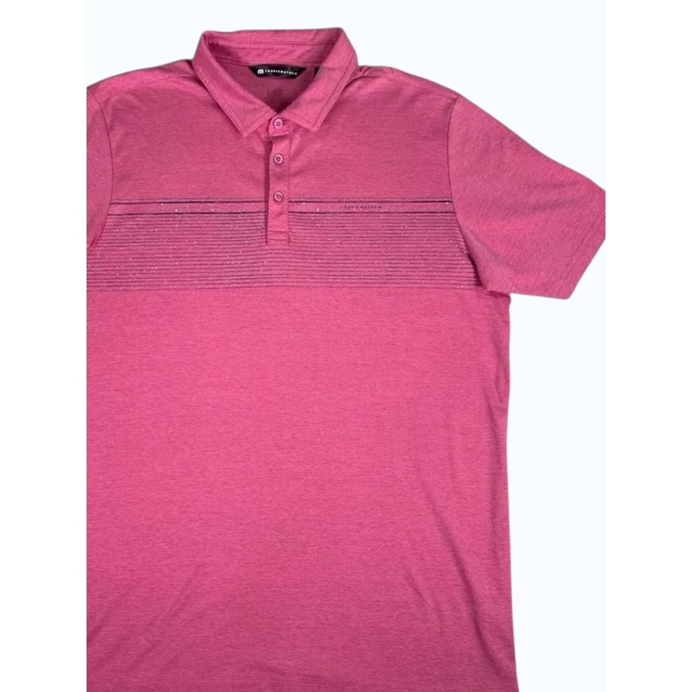 Travis Mathew Polo Shirt Mens XL Pink Striped Golf Performance Logo Short Sleeve